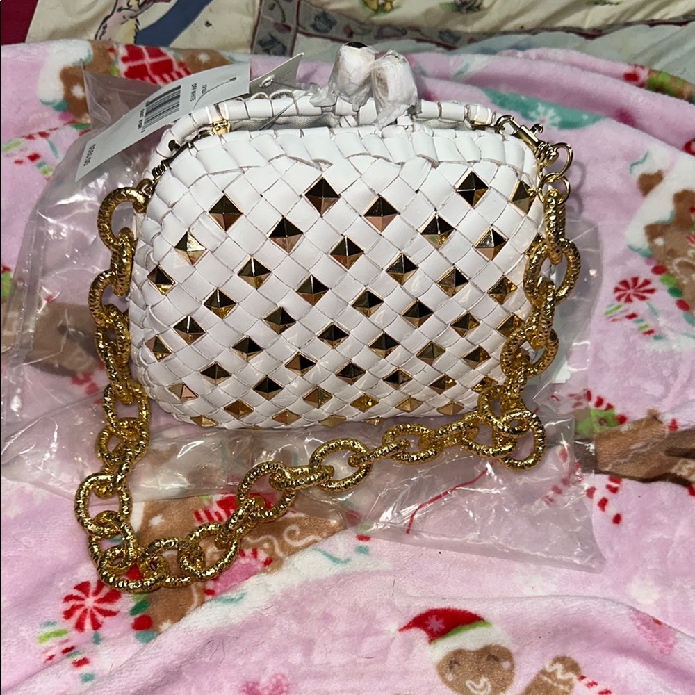 Serpui Women's White Lolita Studded Woven Leather Shoulder Purse Bag brand new